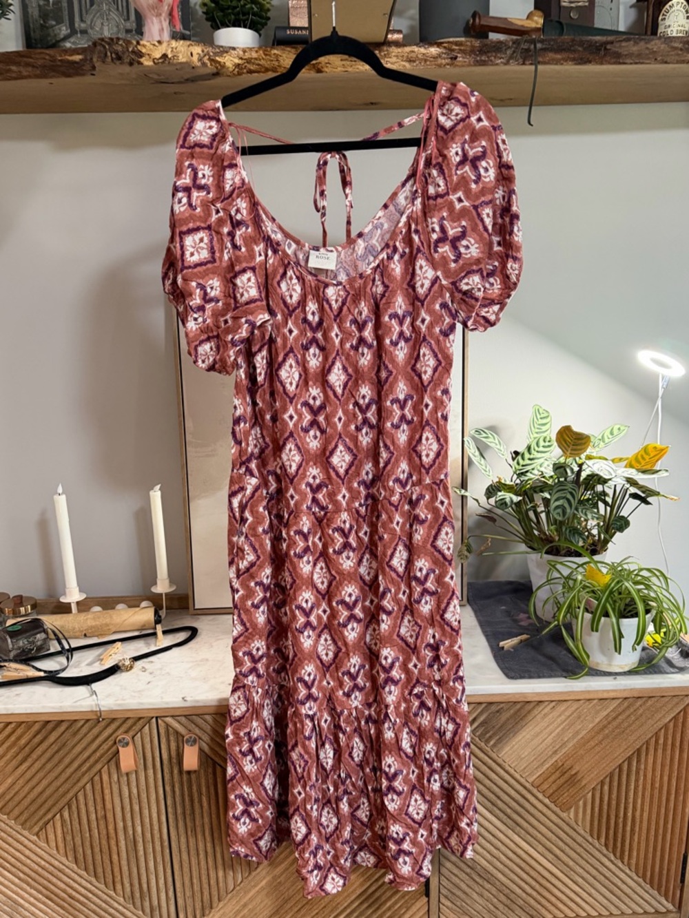 Knox Rose Rust and White Patterned Puff-Sleeve Midi Dress